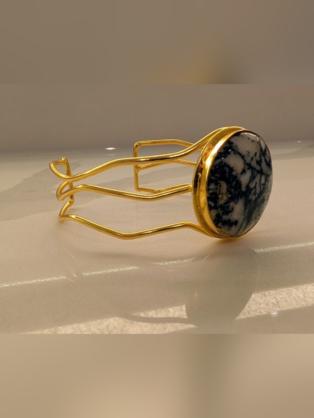 Gold-Tone Cuff Bracelet with Black & White Marbled Stone - Picture 3 of 4